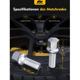 Wheel Bolts M14 x 1.5 Shaft Length: 28 mm Ball Collar R13 Spanner Width 17 mm Chrome Silver Pack of 20