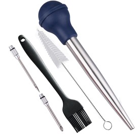 IFFMYJB Turkey Baster, 18/8 Stainless Steel Turkey Baster Syringe for Cooking, Meat Injector Baster Set & 2 Needles & 2 Cleaning Basting Brush, Baster for Flavor Meat Poultry, Beef & Chicken Ect Blue