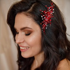 YERTTER Wedding Red Beads Hair Comb Crytsal Handmade Updo Comb Clip Head Pieces for Women (Red)