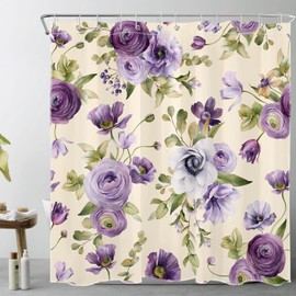 LB Purple Floral Shower Curtain for Bathroom,Nature Rose Flower and Green Leaf Plant on Beige Fabric Shower Curtain with Hooks,Country Botanical Bathroom Curtain Shower Set, 72x72 inches