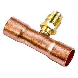 C&D CD8412/2 tee with 1/4" m. Flare Access on 1/2" Copper Tube, swaged at Each end for 1/2" OD Tube, CD2250 Brass Wrench Cap and Valve core