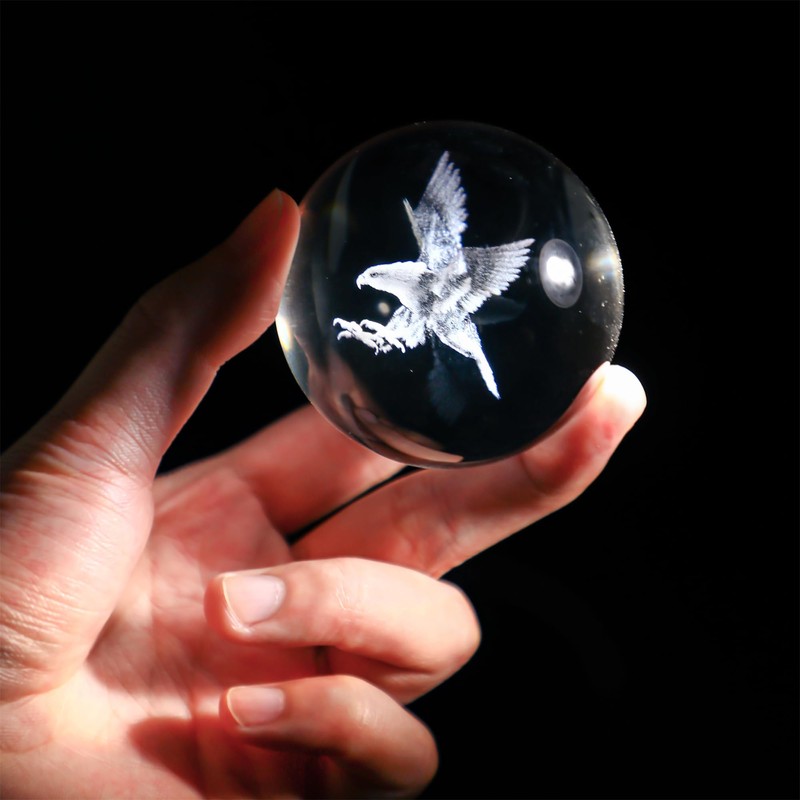 HDCRYSTALGIFTS Engraved Eagle Crystal Ball Paperweight with Stand 60mm 3D