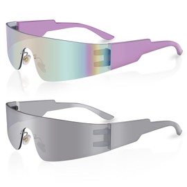 milramtob Futuristic Wrap Around Fashion Sunglasses Y2K Silver Trendy Rimless Glasses Cyberpunk Eyewear Women Men Rave Party