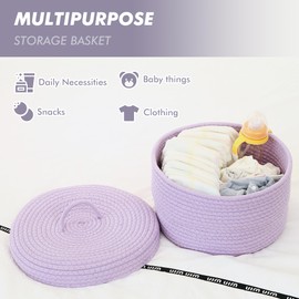 Sea Team Round Cotton Rope Storage Basket with Lid, Lidded Woven Storage Bin, Nursery Storage Container, Diaper Caddy, Baby Shower Basket, Box, Organizer, 11.8 x 11.8 x 6.7 Inches (Medium, Lavender)