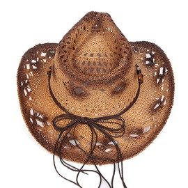 Straw Cowboy Cowgirl Hat for Men Women Wide Brim Hollow Breathable Sun Hat with Pearl Trim Band Western Style for Outdoor Beach Travel (Khaki)