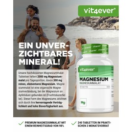 Magnesium Malate - 240 Tablets with 3000 mg Magnesium Malate per Daily Serving - High Bioavailability & High Dose - No Unwanted Additives - Vegan