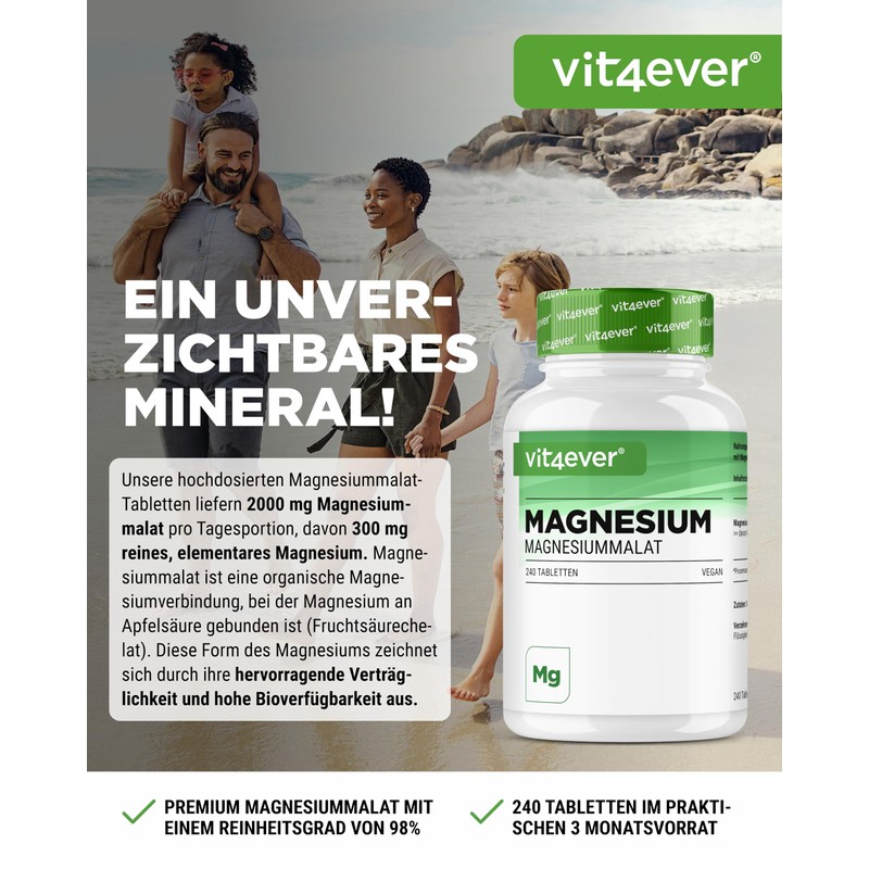 Magnesium Malate - 240 Tablets with 3000 mg Magnesium Malate