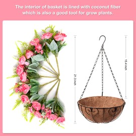 Ammyoo Artificial Flowers in Hanging Basket Planter for Home Spring Summer Decoration, Silk Rose Peony Outdoor Indoor Arrangements, 12" Metal Coconut Lining Basket with Faux Plant(Light red)