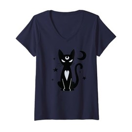Womens Gothic Witchy Black Cat with Moon Mystical Stars Night Art V-Neck T-Shirt