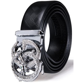Barry.Wang Belt Silver Buckle Dragon Rhinestone Mens Black Belts Leather Ratchet Quick Release Click 1 3/8" Wedding Business