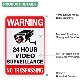 M METERXITY 4-Pack Warning 24 Hour Video Surveillance Sign, 25x17cm No Trespassing Aluminum Warning Sign Reflective UV-Protection Waterproof Security Camera Sign for House/Business/CCTV
