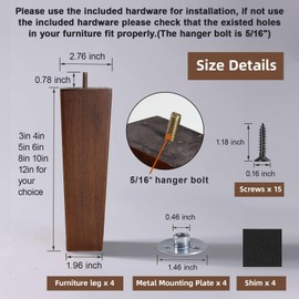 WEKIS Solid Wooden Furniture Legs 12 Inch, Natural Wood Mid Century Brown Square Legs Furniture Replacements Feet for Couch Legs, Sofa Legs, Cabinet Legs, Bench Legs, Bed Legs, Set of 4