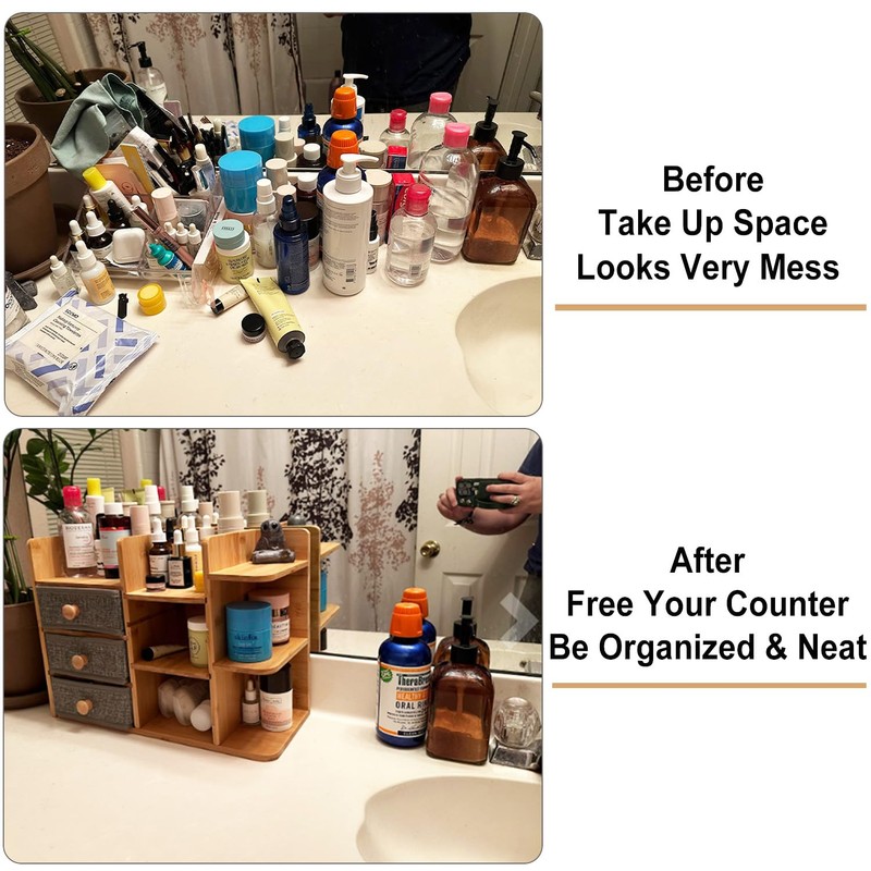 Makeup Organizer Countertop With Brush Holder For Vanity, Large Bamboo