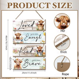 Highland Cow Decor Wall Art, 4Pcs Inspirational Wall Decor Sign With Rope, Rustic Farmhouse Wall Decor, Highland Cow Wall Decor for Bathroom Dining Room Bedroom Living Room Kitchen Farmhouse