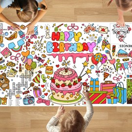 PADTIC Birthday Giant Coloring Poster,35x72Inch Happy Birthday Coloring Tablecloth,Drawing Paper Coloring Tablecover,Happy Birthday Activities DIY Coloring Mat for Kids Classroom Home Party Supplies