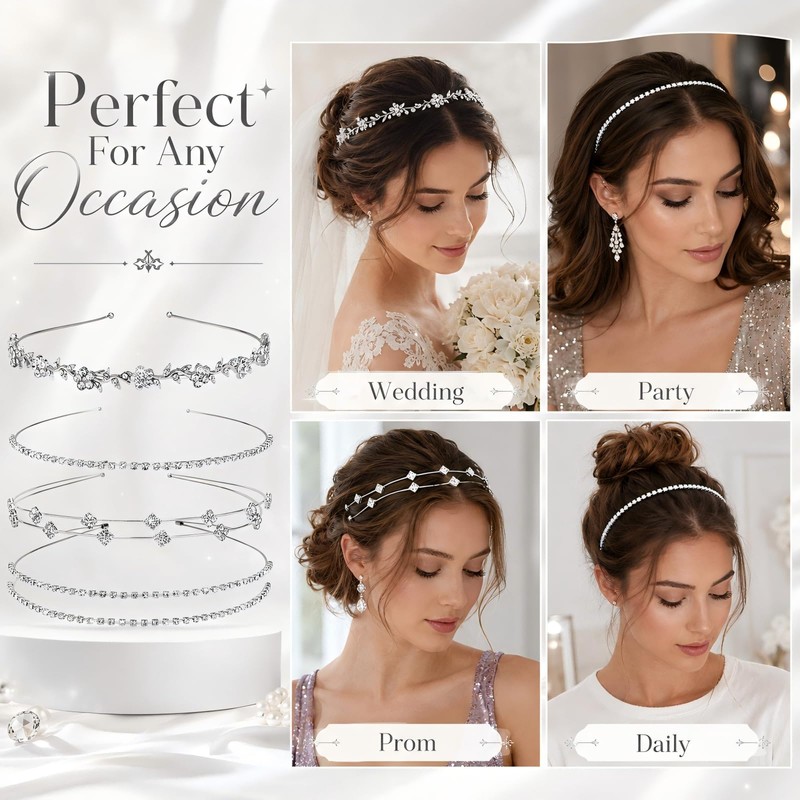 4 Pcs Rhinestone Headbands for Women Silver Bridal Wedding Hair