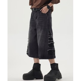 Lafaguw Baggy Jorts for Women Men Ripped High Waist Wide Leg Jeans Shorts Casual Cropped Jeans Summer Clothes(Black5-L)