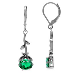 Silvershake Genuine Gemstones 925 Sterling Silver Flower and Leaf Vintage Inspired Leverback Drop Dangle Earrings Jewelry for Women, Sterling Silver Rhodium/White Gold & Antique Finishing, created nano green emerald