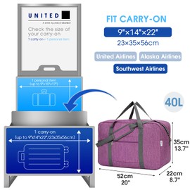 For United Airlines Foldable Carry on Bag 22x14x9 Travel Duffel Bag Packable luggage Duffle for Women and Men 40L (Dark Purple)