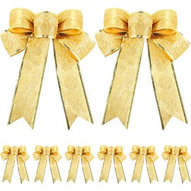 Tantuo 10 Pieces Glitter Christmas Tree Bow Ribbon Bows Christmas Tree Hanging Ornaments for Holiday Christmas Decorations, 10 by 8 Inches (Gold)
