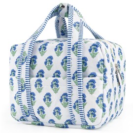 TIFFYONEK Aesthetic Corduroy Insulated Lunch Bag for Women, Floral Block Print Lunch Box with Pocket, Spacious Boho Reusable Cooler Tote for Work, School, Nurse Gift & Picnic, Leakproof (Blue White)