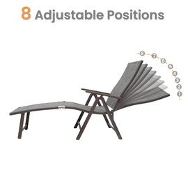 Crestlive Products Folding Patio Chaise Lounge Chair for Outside, Set of 2 with Table, Aluminum Adjustable Outdoor Pool Recliner Chair, Brown Frame, 8 Positions (Brown)