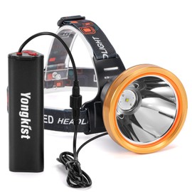 Yongkist Super Bright Headlamp High Power Headlight Rechargeable LED Spotlight with Battery Powered Flashlight Torch Waterproof Coon Hunting Light for Garden Outdoor Camping Fishing (White Light)