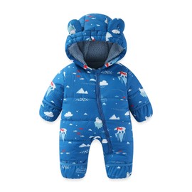JiAmy Baby Toddler Snowsuit Winter Romper Suit, Baby Boys Girls Bear Hooded Footed Romper Snow suits Cartoon Zipper Jumpsuit Winter Outfits Clothes Blue 12-18 Months