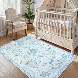 Collive 3x5 Nursery Rug, Boho Blue Floral Area Rugs Machine Washable, Soft Ultra-Thin Bow Carpet Non Slip for Girls Room Bedroom Entryway Playroom Living Room (Blue, 3' X 5')