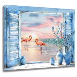 LB Coastal Beach Flamingo Wall Art Pink Bird and Blue Flower in Vase with Window Canvas Wall Art Nature Pastel Sky Wall Decor for Living Room Bedroom Bathroom Framed Ready to Hang 12L x 16W