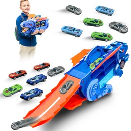 Felicify Dinosaur Truck, Transport Truck Toys, Toy Car Transporter, Transport Dinosaur Truck with Foldable Sliding, with 12 Die-Cast Car Toys, Transporter Playset for Kids Age 3+ (Blue)