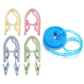 4 Pack Clothes Hangers Foldable Outdoor Portable Travel Hanger Plastic Clothes Hanger for Washing Line Clothes Hanger Foldable with Clips, Nylon Double Windproof Washing Line Camping Outdoor