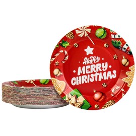 KFJBPB 50 Pack Christmas Paper Plates 7 inch, Merry Christmas Red Disposable Paper Plates Christmas Dessert Plates Salad Plates for Christmas Party Supplies (Red)