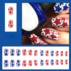 24Pcs July 4th Star Design Fake Nails, Red Blue With Glitter Gloss Press on Nails Square Medium, Natural Full Coverage Acrylic Nails for Women Independence Day Manicure Art Supplies