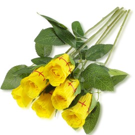 Hotop 6 Pcs Paper Softball Rose with Leaves Artificial Bendable Sports Theme Flower Softball Gifts for Softball Players Team Coach Graduation Gift