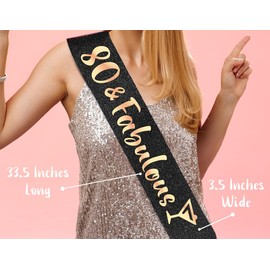 PartyForever 80th Birthday Sash 80 and Fabulous Decorations for Her Made of Black Glitter Fabric with Rose Gold Letters for Women