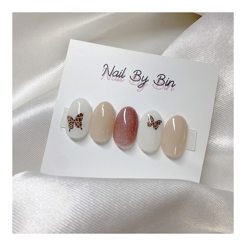 [Handmade Nail Tips] Butterfly Milk Tea Nails - Long Oval