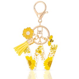 MWOOT Initial Letter W Keychain Resin Alphabet Keyrings,Yellow Petals Gold Foil Key Ring Charm with Daisy Bee Tassel Pendant,Key Chain for Women's Gift Ideas Wallet Purse Bag Handbag Decor(W)