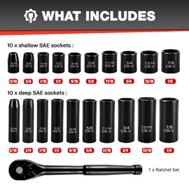 EACELIY 21pcs 3/8" Socket Set,Drive Impact Socket Set, SAE, Deep & Shallow, Cr-V Steel, 6 Point with Adapters, 72T Ratchet Handle, 5/16-7/8inch