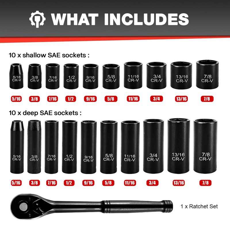 EACELIY 21pcs 3/8" Socket Set,Drive Impact Socket Set, SAE, Deep