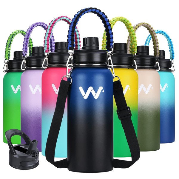 WEREWOLVES 24 oz Insulated Water Bottle With Paracord Handles & Strap & Straw Lid & Spout Lid,Reusable Wide Mouth Vacuum Stainless Steel Water Bottle for Adults (New-Blue Black, 24 oz)