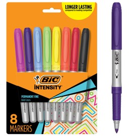 BIC Intensity Assorted Colors Fashion Permanent Markers, Fine Point, 8-Count Pack of Color Markers With Non-Slip Grip for Comfort and Control