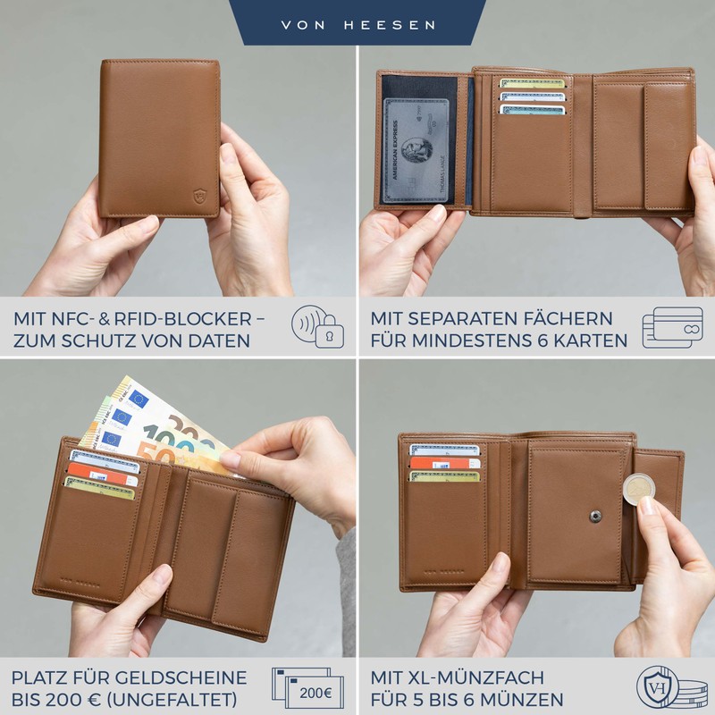 VON HEESEN® Wallets Men & Women, cognac brown, With XL