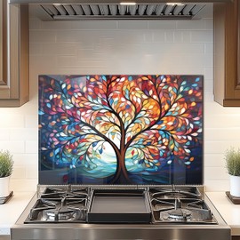 DAIFURONGE Tempered Glass Backsplash for Kitchen, Tree of Life Art Stove Backsplash Protector - Easy to Clean Wall Decor (Art Deco 2, 30"x20"(76.2x50.8cm))