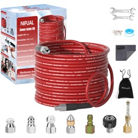 NIFUAL Sewer Jetter Kit for Pressure Washer,50FT 5800PSI Pressure Drain Cleaner 1/4 Inch NPT Corner Rotating and Button Hose Sewer Jetting Nozzle for Homeowners & DIYers (50FT)