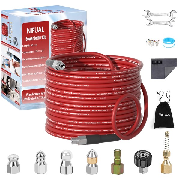 NIFUAL Sewer Jetter Kit for Pressure Washer,50FT 5800PSI Pressure Drain