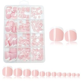 Fake Toe Nails Set, 120PCS Short Square False Toenails Kit, Glossy Full Cover Acrylic Press on Nails, White French Tip Pink Toe Nail for Women Girls Nail Art DIY Gift
