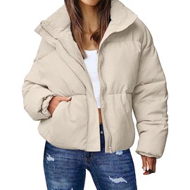 Wyeysyt Women's Winter Cropped Puffer Quilted Jacket Long Sleeve Zip Warm Short Coats Stand Collar Jacket with Pockets(Khaki-L)