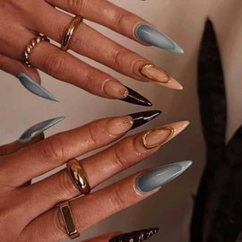 Uñas postizas largas estilo stiletto, color nude, azul y negro, con detalles 3D, dijes de cruz y marco dorados, uñas postizas reutilizables sin pegame