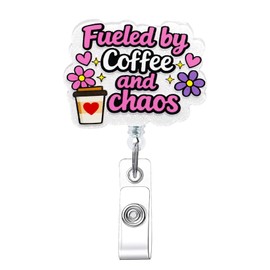 Jusen Cute and Funny Nurse Badge Reel,Retractable Nursing Social Worker Badge Reel Accessories,Pink Id Card Holder for Women Girl,Fueled By Coffee and Chaos Nurse Gifts